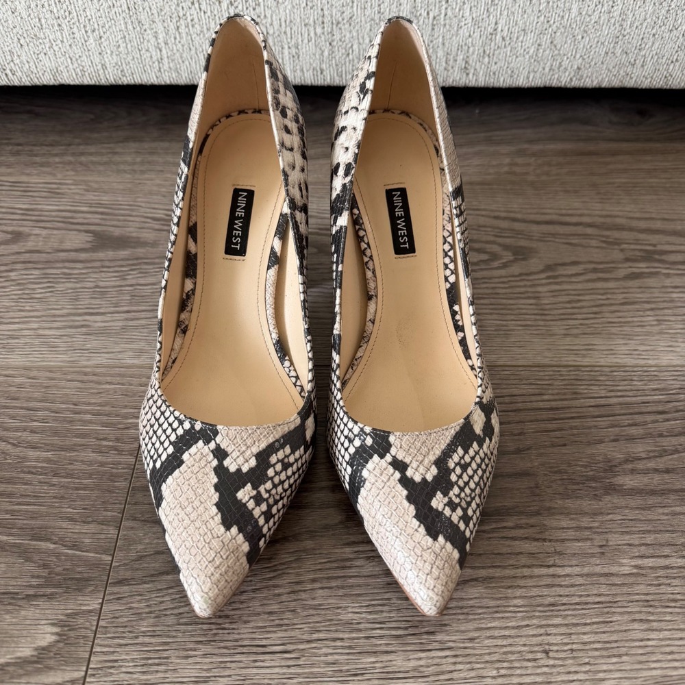 Nine West Cara3 Snakeskin Block Heel Pump Black White Womens 10 Animal Print